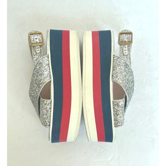 Auth Gucci Cross Sparkly Straps Red White Blue Platform Slingback Sandals Sz 4.5 - Picture 7 of 14